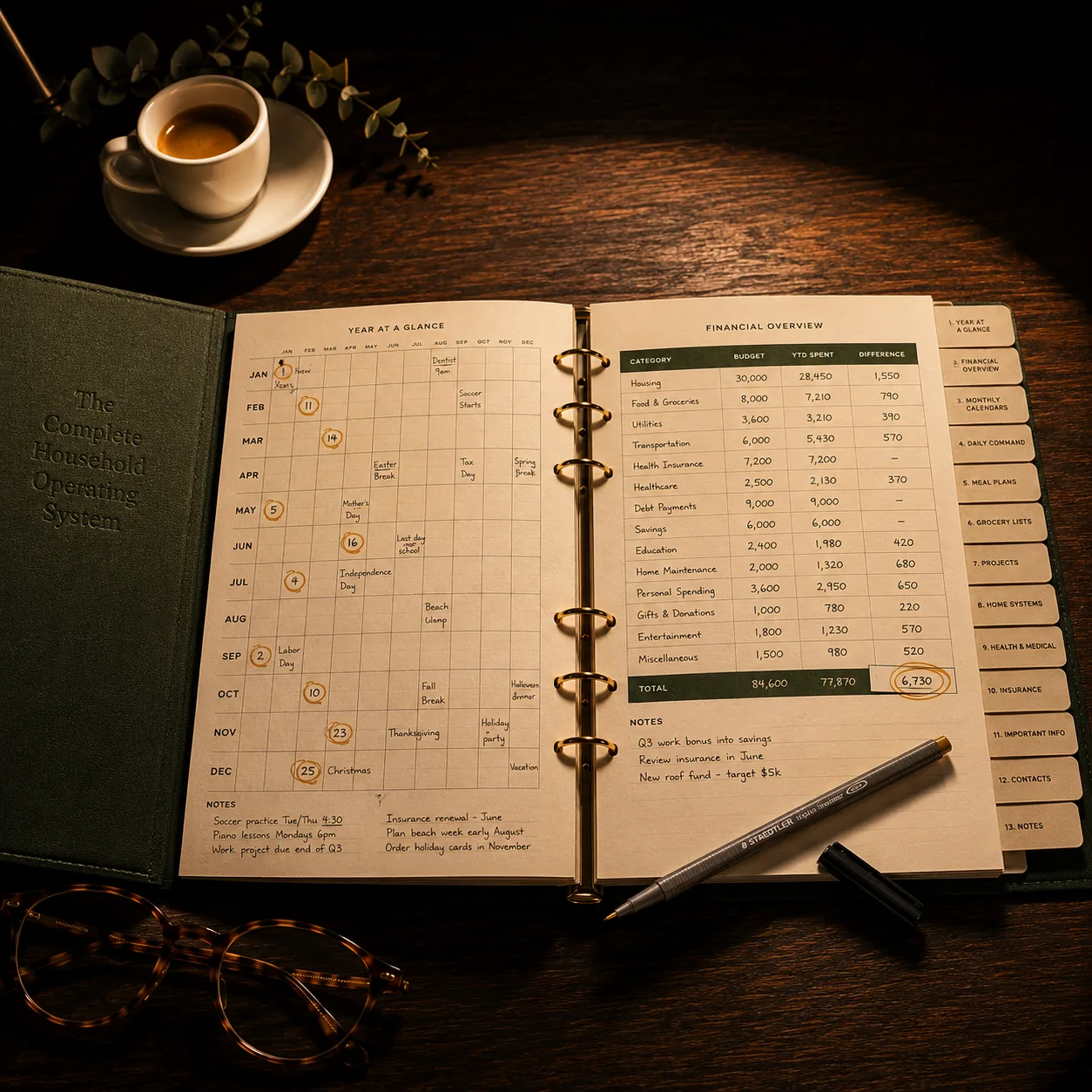 The Annual Edition binder open to Year at a Glance and Financial Overview pages